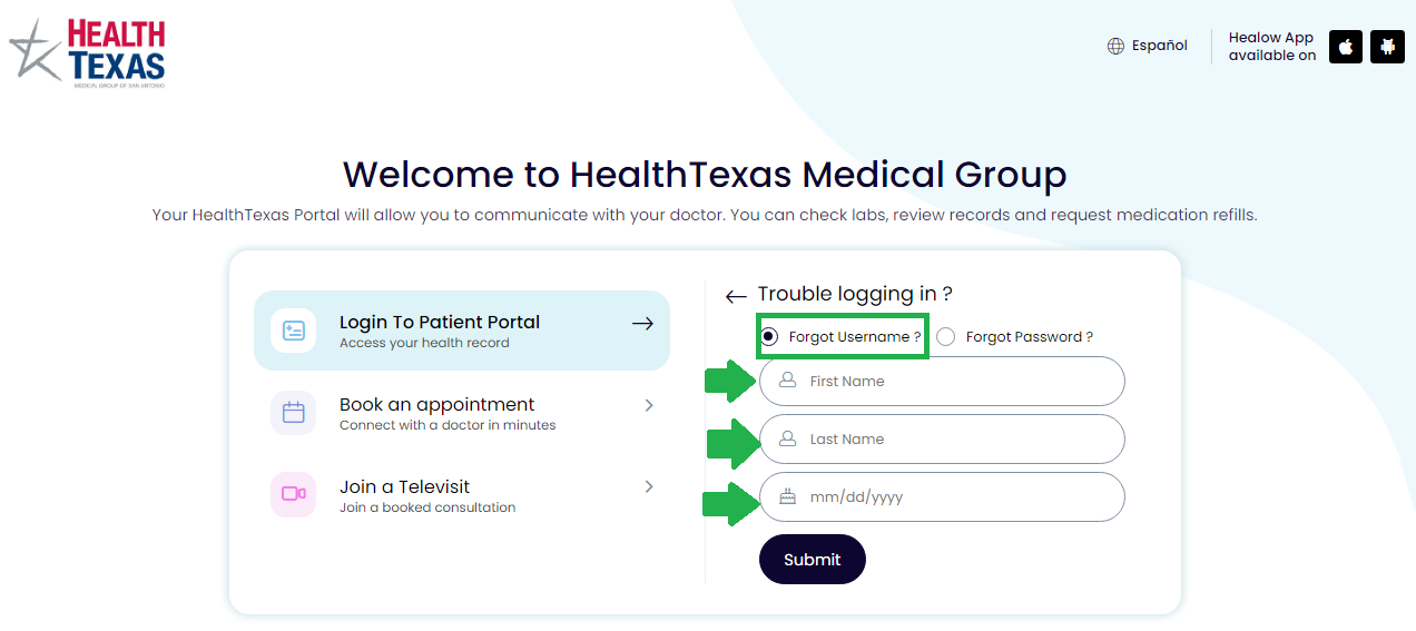 Health Texas Patient Portal Reset Account Username